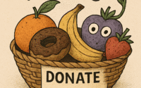 Fruit basket with labeled hanging fruits—“GUILT,” “HOPE,” “REDEMPTION”—and a donation form attached.