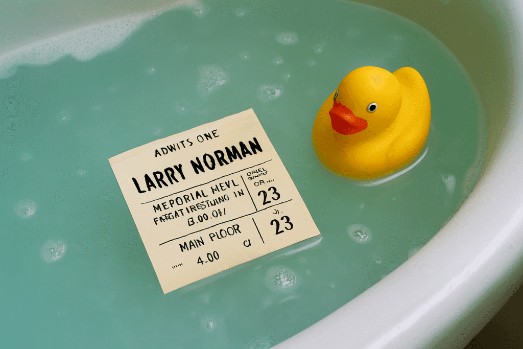Yellow rubber duck floats beside a submerged event ticket in blue-green bathwater.