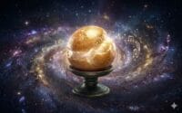 A hyper‑realistic golden profiterole sits on a small pedestal floating in deep space.