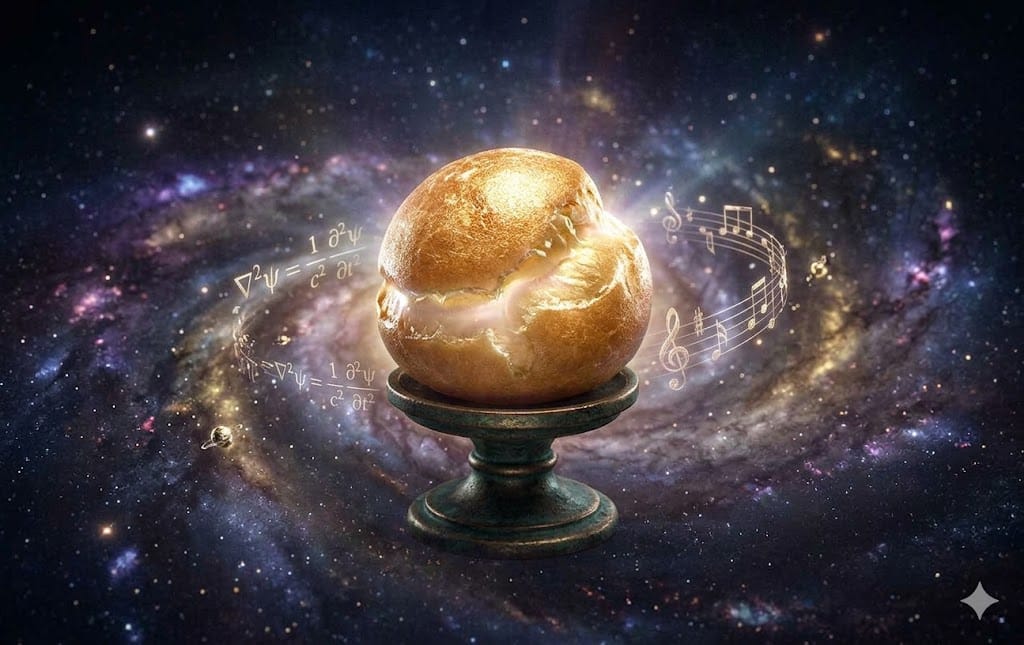 A hyper‑realistic golden profiterole sits on a small pedestal floating in deep space.