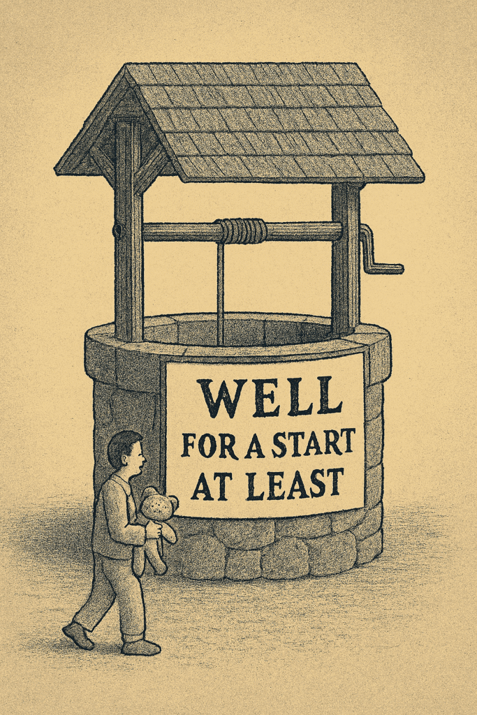 A person with a teddy bear stands by a well labeled “Well, for a start at least.”
