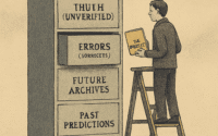 Person on ladder files “The Belief” into a cabinet of chaos labeled with typos and existential confusion.