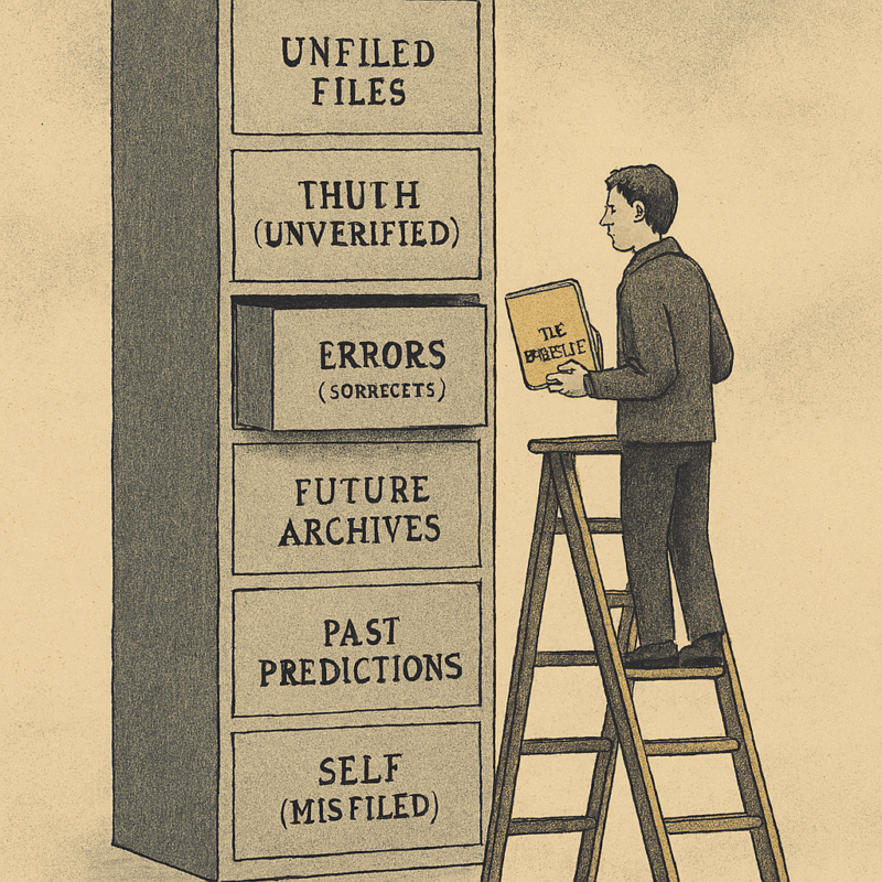 Person on ladder files “The Belief” into a cabinet of chaos labeled with typos and existential confusion.