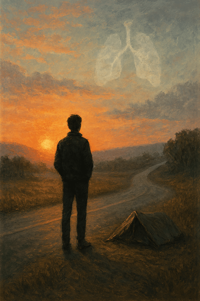 Person stares at lung-shaped clouds, clearly rethinking their camping trip and life choices.