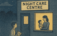 A child with a teddy bear approaches the Night Care Centre, where bedtime meets bureaucracy.