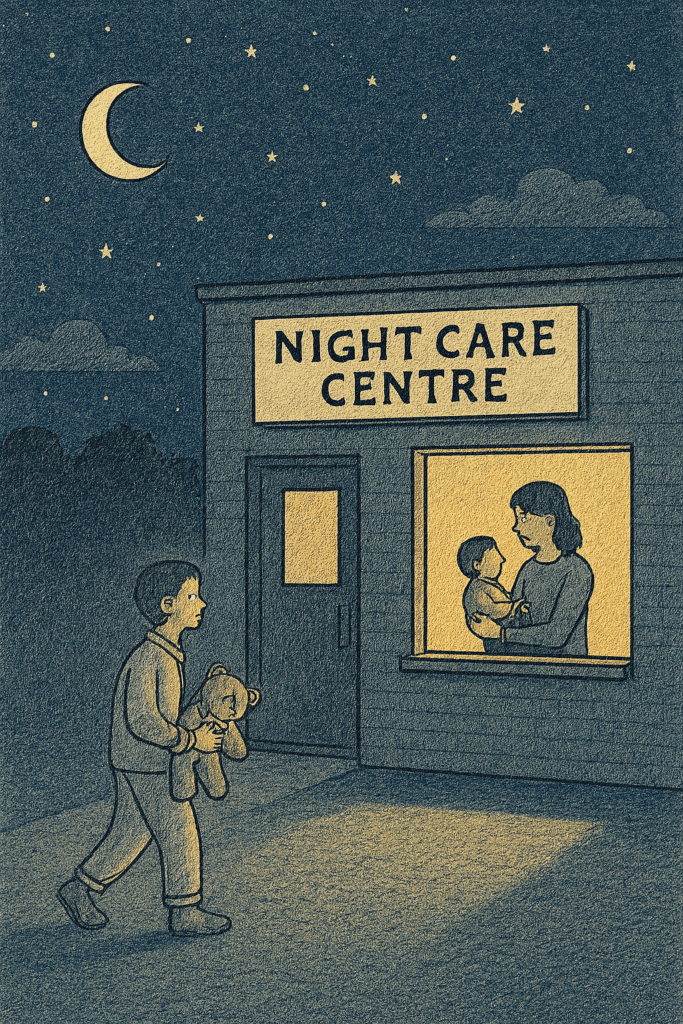 A child with a teddy bear approaches the Night Care Centre, where bedtime meets bureaucracy.