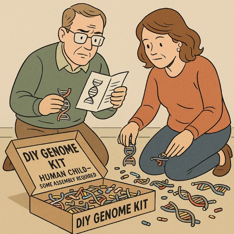 A satirical illustration of two parents assembling a human child from a “DIY Genome Kit,” surrounded by mismatched DNA pieces and a half-read instruction manual. The scene mimics IKEA-style furniture assembly with genetic components.