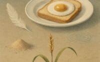 Grain stalk defies cracked earth while toast, egg, and feather audition for a metaphorical TED Talk.