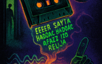 Cassette tape emits psychedelic smoke that spells gibberish while vinyl spins and a doorway figure judges silently.