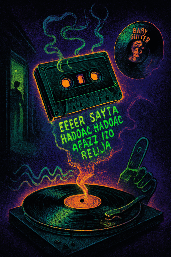 Cassette tape emits psychedelic smoke that spells gibberish while vinyl spins and a doorway figure judges silently.