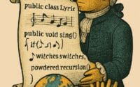A judge in ornate period costume with “COMPILER” inscribed on his forehead holds a scroll labeled “public class Lyric” in Java syntax; in front of him, a tray displays a melting globe and a serving of fries.