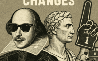 Shakespeare, Caesar, and a baseball player walk into a collage—history shrugs and hands them a foam finger.