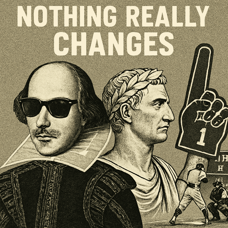 Shakespeare, Caesar, and a baseball player walk into a collage—history shrugs and hands them a foam finger.