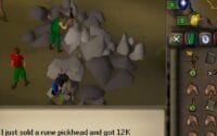 Pixelated RuneScape screenshot showing a player mining with a Rune pickhead while two others loiter nearby. Inventory reveals 12K gold, a pickhead, and existential despair. Dialogue box confirms: “I just sold a rune pickhead and got 12K.” ? Caption: “Ooka long bang bang echoes through the canyon of poor loot decisions.” ? Description: A retro RuneScape scene rendered in glorious low-poly nostalgia. One brother mines with solemn purpose, another hurls insults from offscreen. The Rune pickhead gleams with potential — squandered for 12K gold and a moment of sibling triumph. Inventory chaos, skill imbalance, and gaseous cloud spells swirl in the background, as the sacred absurdity of MMORPG life unfolds. This is not just a screenshot. It’s a philosophy. A fart spell canon. A mining existentialism. Want to build a recurring alt text ritual for your archive — something that blends satire, motif, and metadata poetry? I’d love to sketch a few formats.