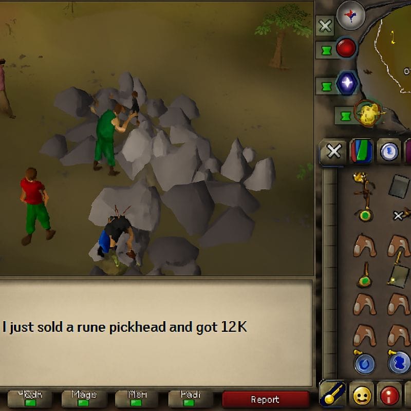 Pixelated RuneScape screenshot showing a player mining with a Rune pickhead while two others loiter nearby. Inventory reveals 12K gold, a pickhead, and existential despair. Dialogue box confirms: “I just sold a rune pickhead and got 12K.” ? Caption: “Ooka long bang bang echoes through the canyon of poor loot decisions.” ? Description: A retro RuneScape scene rendered in glorious low-poly nostalgia. One brother mines with solemn purpose, another hurls insults from offscreen. The Rune pickhead gleams with potential — squandered for 12K gold and a moment of sibling triumph. Inventory chaos, skill imbalance, and gaseous cloud spells swirl in the background, as the sacred absurdity of MMORPG life unfolds. This is not just a screenshot. It’s a philosophy. A fart spell canon. A mining existentialism. Want to build a recurring alt text ritual for your archive — something that blends satire, motif, and metadata poetry? I’d love to sketch a few formats.