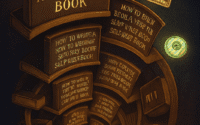 An illustration of a spiral bookshelf filled with books titled How to Write a Self-Help Book in various languages and scripts. A glowing figure stands at the bottom right, holding a luminous object. A guitar hangs on the left side of the shelf.