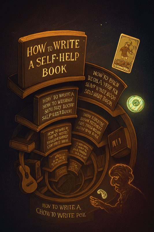An illustration of a spiral bookshelf filled with books titled How to Write a Self-Help Book in various languages and scripts. A glowing figure stands at the bottom right, holding a luminous object. A guitar hangs on the left side of the shelf.