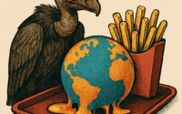 A vulture in sunglasses stands beside a tray with melting Earth and French fries.