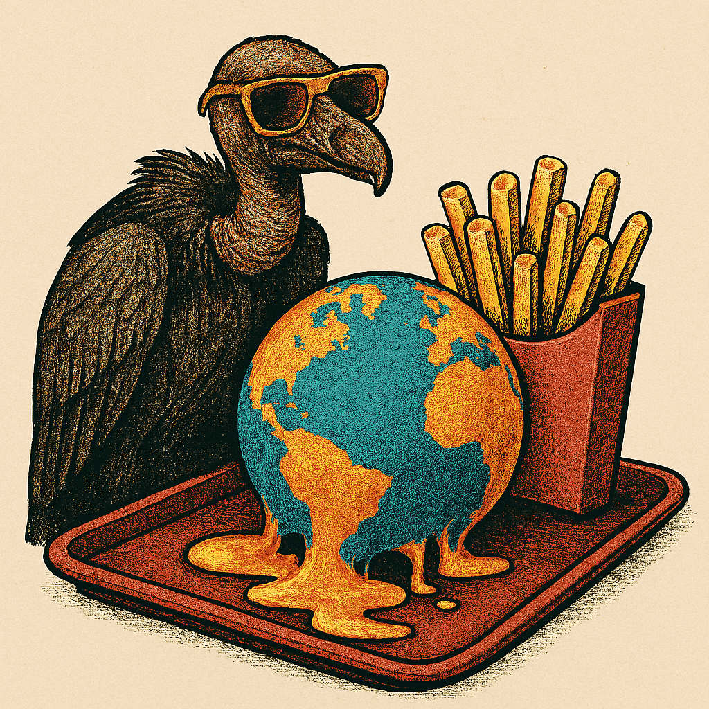 A vulture in sunglasses stands beside a tray with melting Earth and French fries.