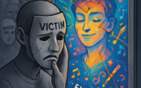 Grayscale person stares into mirror bursting with stars, music, and unsolicited advice about their neighbor.