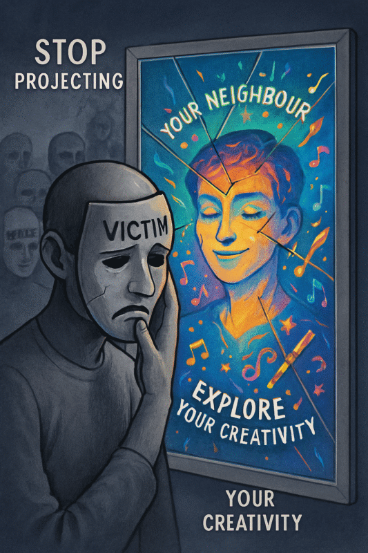 Grayscale person stares into mirror bursting with stars, music, and unsolicited advice about their neighbor.