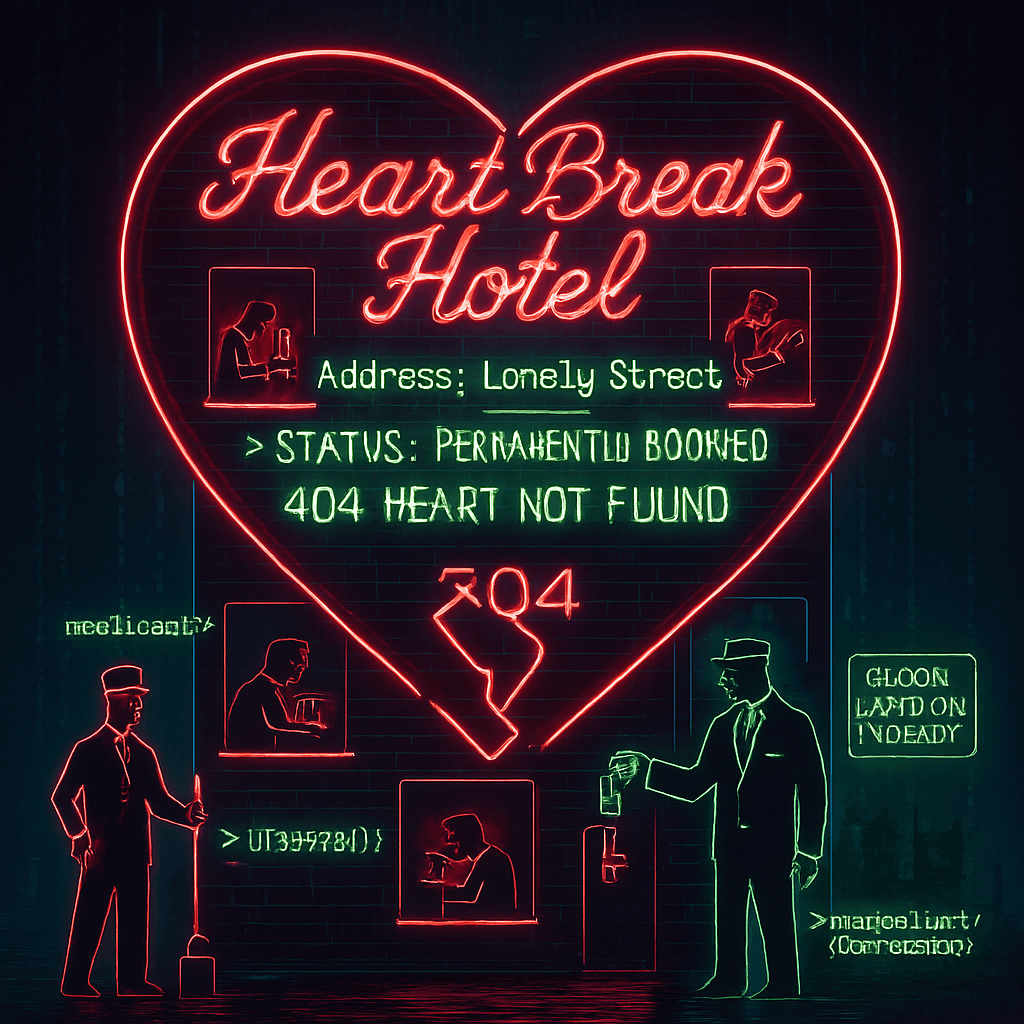 Neon heart-shaped sign for “Heart Break Hotel” with humorous messages like “404 Heart Not Found” and “Address: Lonely Street.”