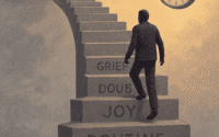 Man climbs emotional staircase labeled “HOPE,” “ROUTINE,” “JOY,” “DOUBT,” and “GRIEF”—clock watches silently, probably judging.