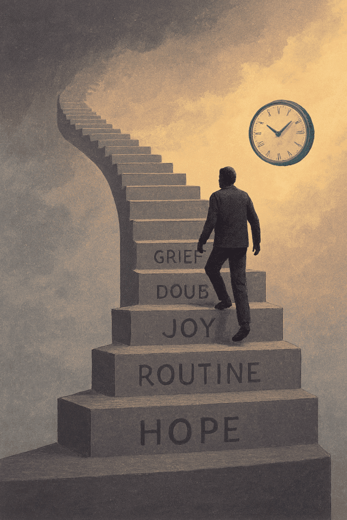 Man climbs emotional staircase labeled “HOPE,” “ROUTINE,” “JOY,” “DOUBT,” and “GRIEF”—clock watches silently, probably judging.