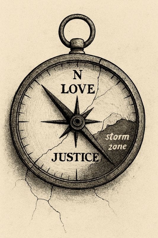 A cracked compass points toward “LOVE,” “JUSTICE,” and a “storm zone”—clearly designed by someone with emotional GPS issues.