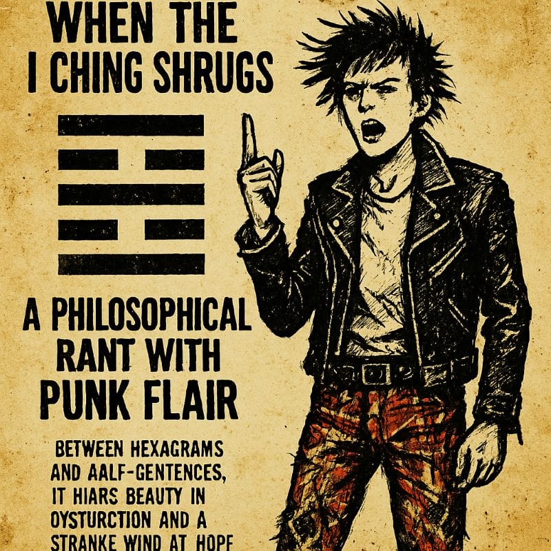 Illustration of a punk figure mid-rant, surrounded by chaotic I Ching hexagrams, loud patterned pants, and abstract symbols of transformation and disorder.