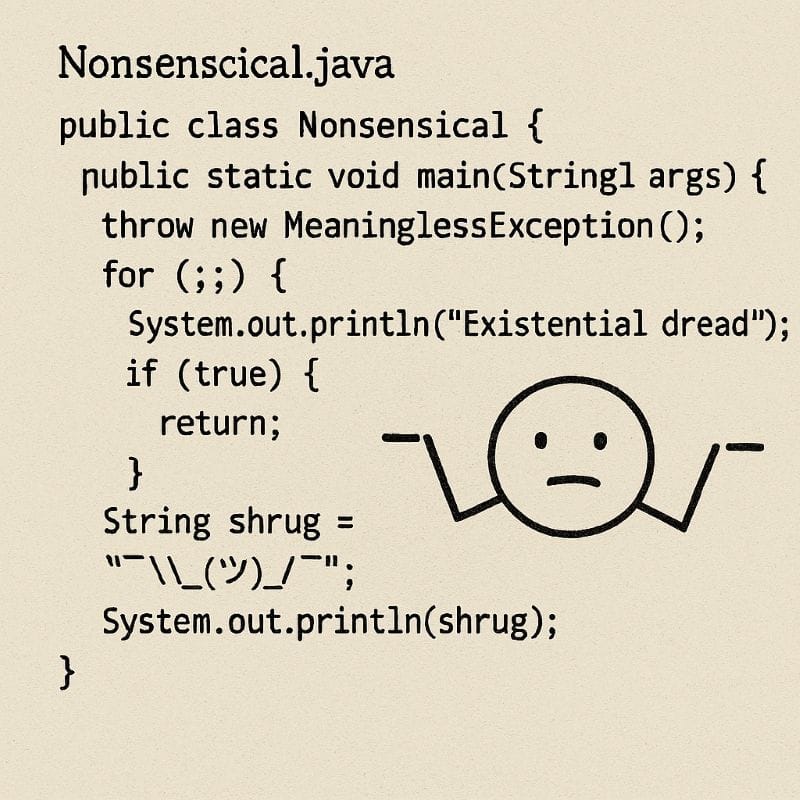 Surreal illustration of Java code looping through existential dread, with abstract symbols and question marks emerging from chaotic, colorful code fragments.