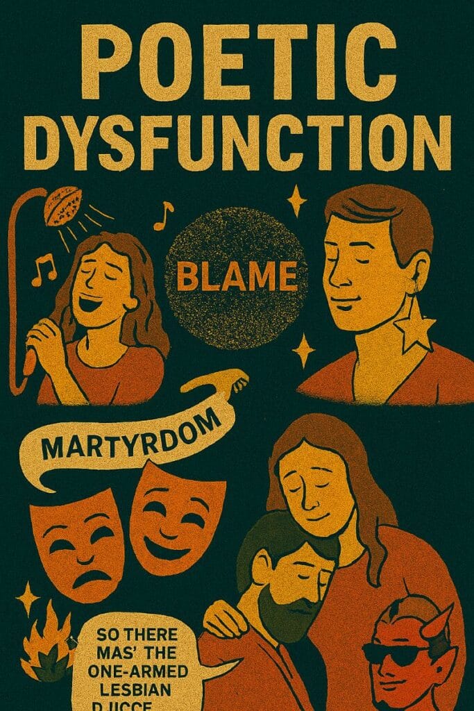 Whimsical emotional funhouse scene with theatrical blame, glowing martyrdom, glittery chaos, and surreal elements like shower songs and existential cuddles.