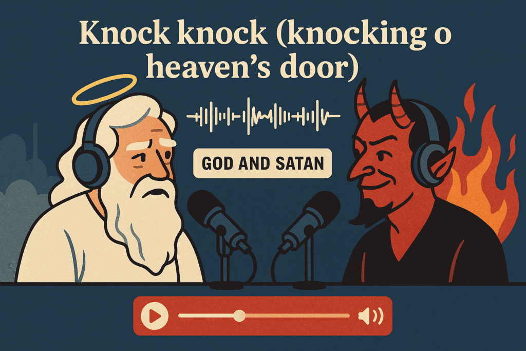 God and Satan host a podcast, proving eternal judgment now comes with headphones and hot takes.