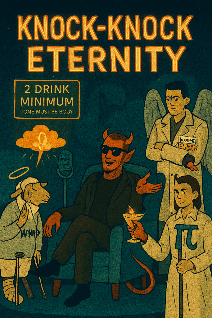 Cosmic comedy scene featuring Lucifer in sunglasses, crutched sheep, prophets with earbuds, and surreal elements like audio-streamed scripture and the Archangel of Ambivalence.