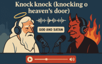 God and Satan host a podcast, proving eternal judgment now comes with headphones and hot takes.
