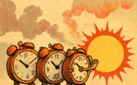 Three alarm clocks march toward the sun, apparently trying to speed up global warming with punctuality.