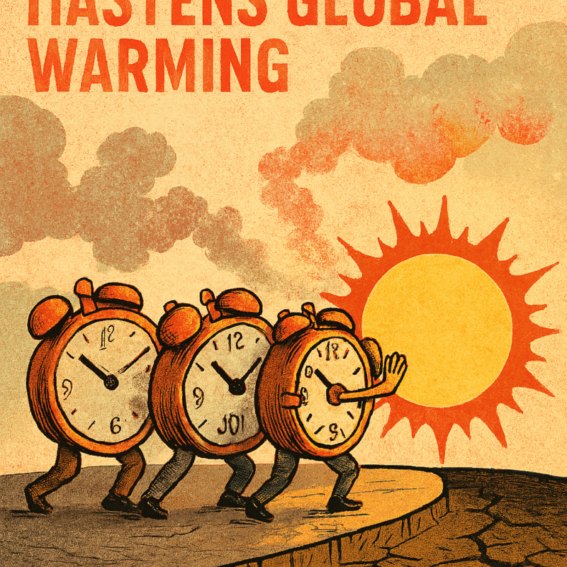 Three alarm clocks march toward the sun, apparently trying to speed up global warming with punctuality.