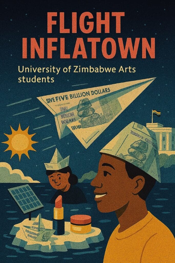 Surreal scene of Zimbabwean banknotes transformed into paper planes, hats, and boats by students, with symbolic chaos including crashed PayPal icons and flustered treasury officials.