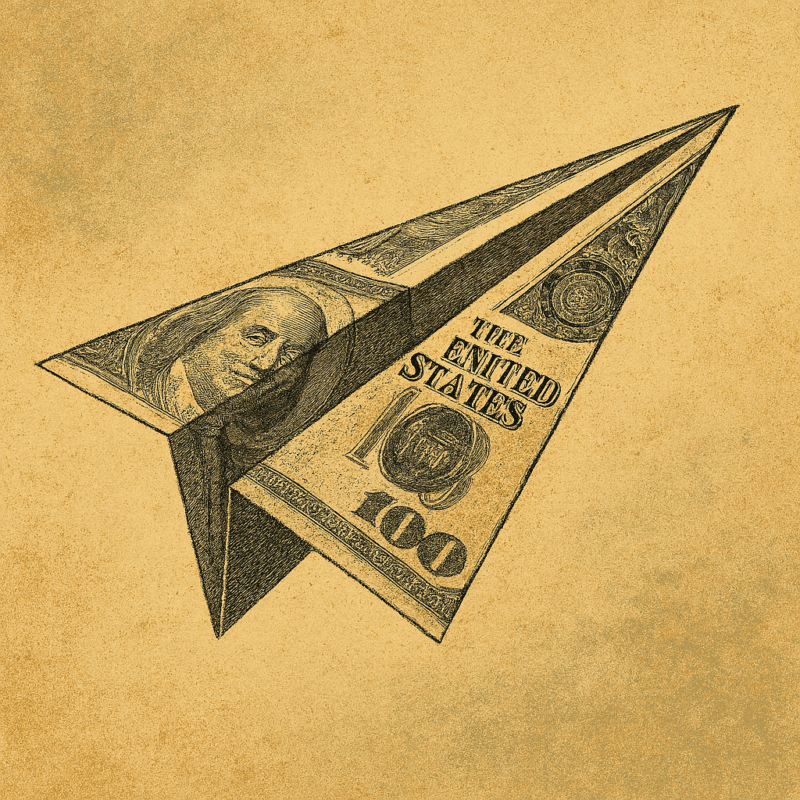 A $100 bill folded into a paper airplane, ready to crash-land in your impulse purchases.