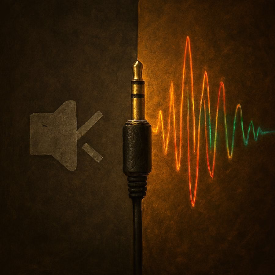 Split-screen image showing a muted speaker icon on a grayscale background opposite a vibrant analog waveform bursting from a glowing headphone jack, with a reboot button glowing at the center.