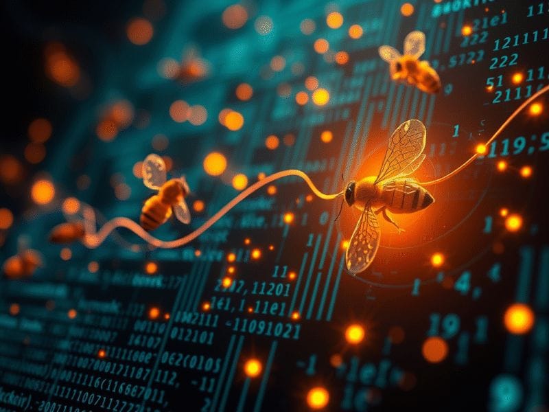 Glowing bees swarm through computer code, clearly on a mission to pollinate your data privacy settings.