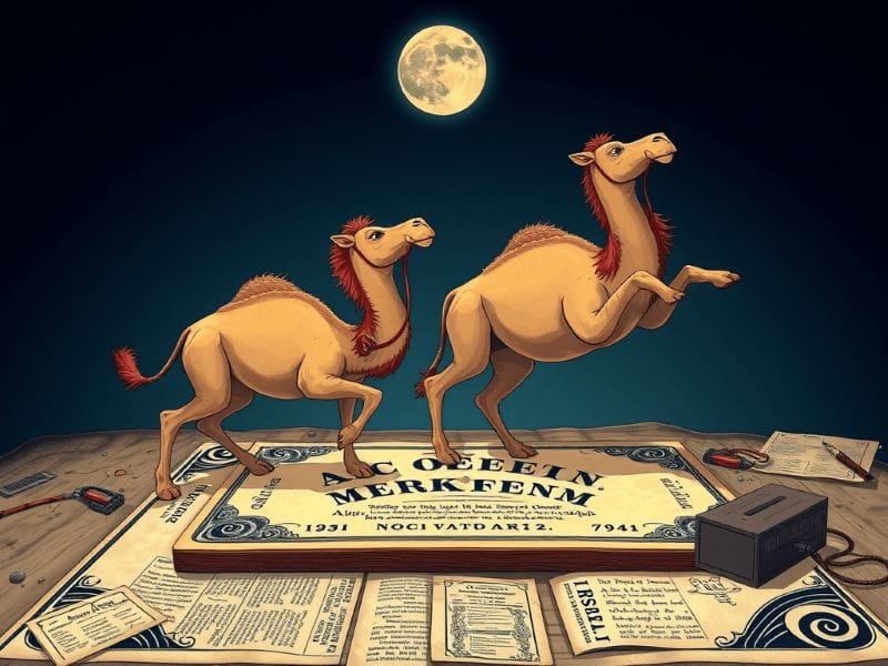 Two cartoon camels walking on a large book under a full moon, surrounded by various papers and objects on a wooden surface.
