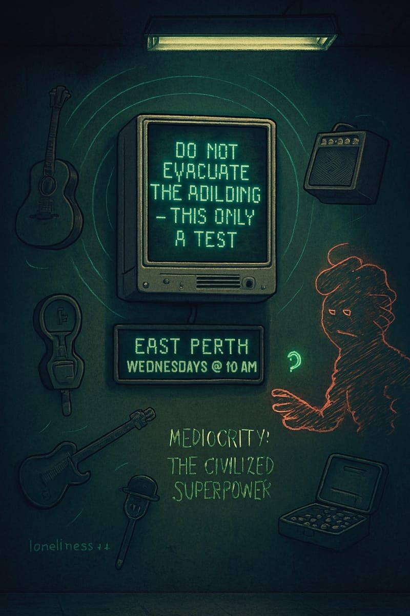 Digital signage with emergency test message, musical instruments, philosophical text, and a red-outlined figure beside a briefcase.