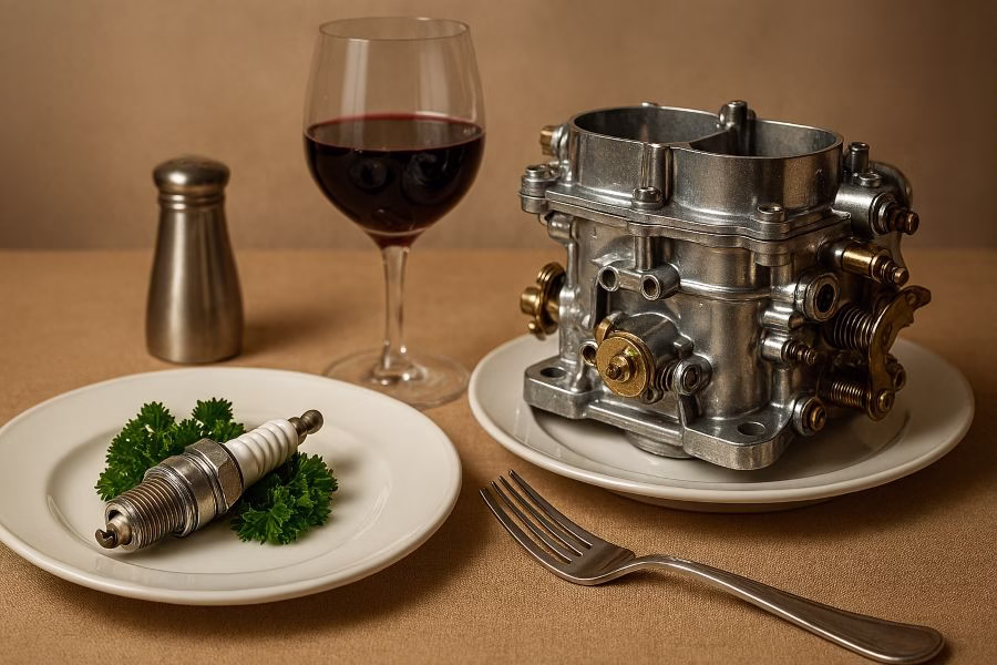Engine parts plated like gourmet cuisine—spark plug on parsley, carburetor beside wine glass—satirizing our ritualistic obsession with fuel and food.