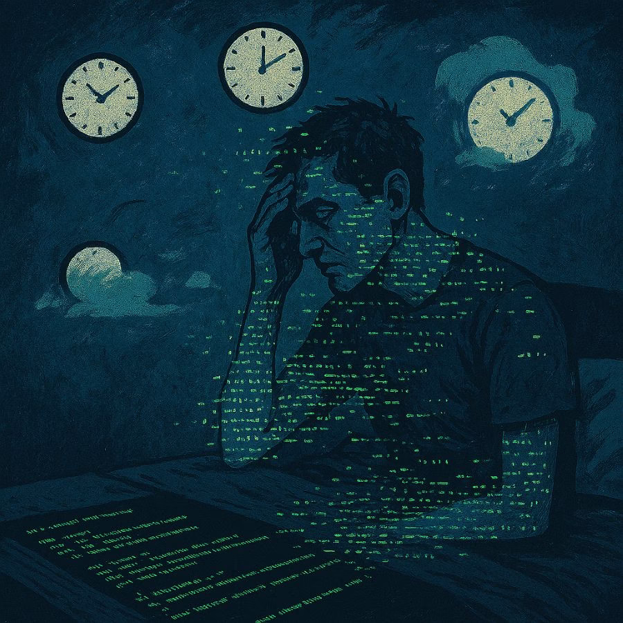 A man sits on a bed at night, dissolving into cascading green code. Floating clocks and a command-line interface replace the bed, evoking insomnia, recursive thought, and surreal digital fragmentation.