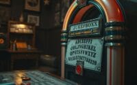 Vintage jukebox labeled “JUKEFBOXX” with quirky letter panel and number sequence, surrounded by retro furniture and decor.