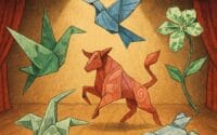 A satirical stage scene featuring origami creatures.