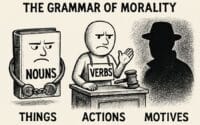 Surreal courtroom scene with nouns in handcuffs, verbs on trial, and motives in shadow