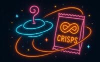 Neon illustration of a UFO and a packet of crisps with an infinity symbol.