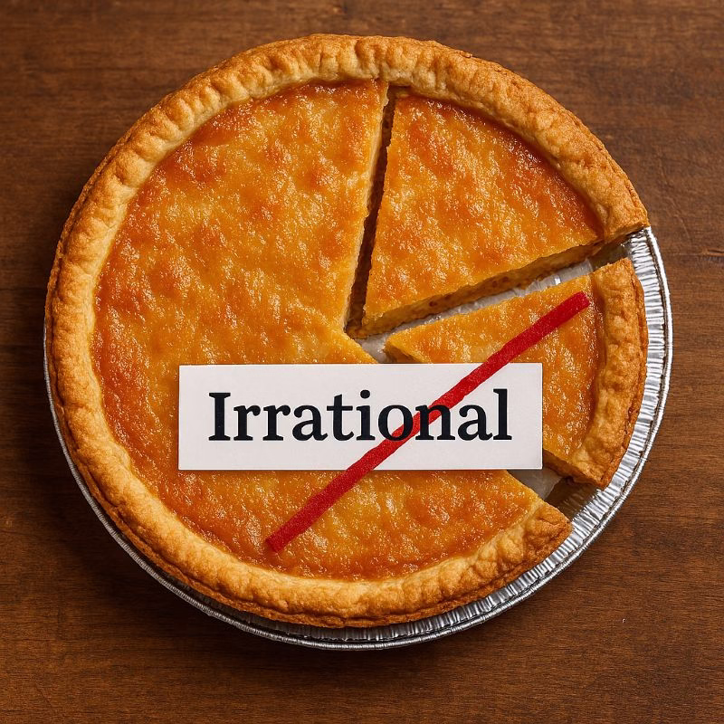 A golden-brown pie divided into slices like a pie chart, with one labeled “Irrational” and crossed out in red.